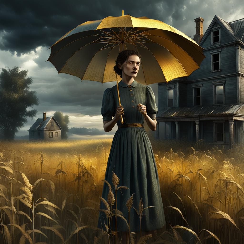 Woman with Gold Umbrella in Flemish Art Style