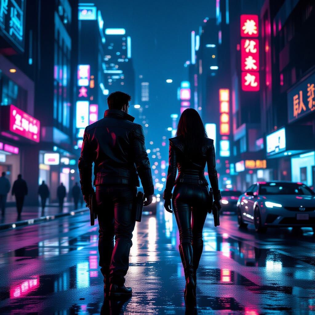Cyberpunk Cityscape with Henry Cavill and Scarlett Johansson