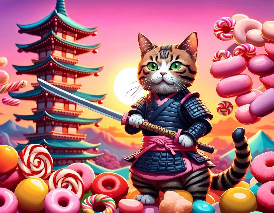 Samurai Cat in Candyland: A Digital Illustration