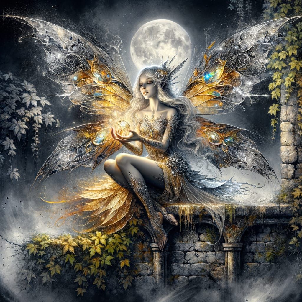 Faerie with Glowing Gemstone Under Moonlight