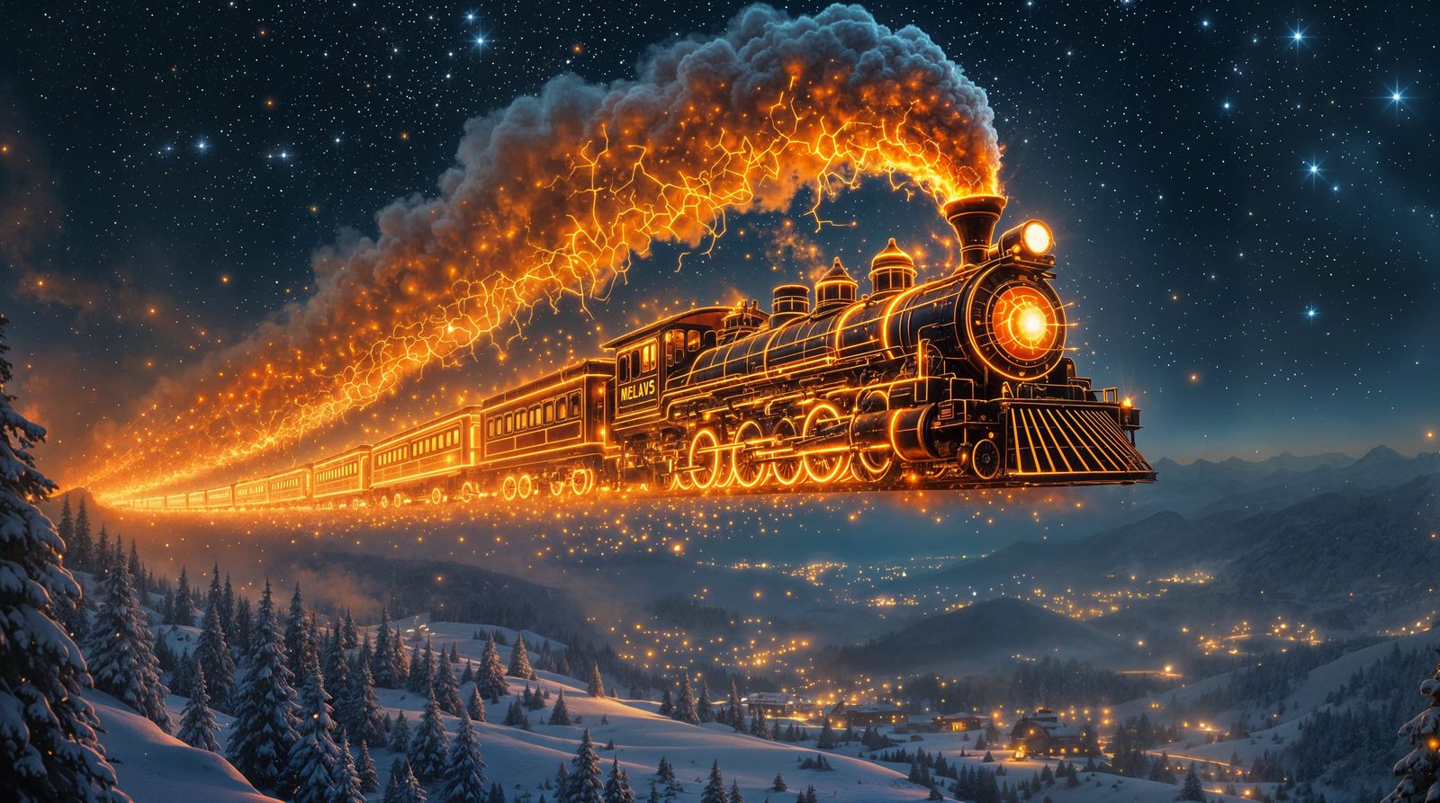 Magical Lava Steam Locomotive Soars Under Starry Night