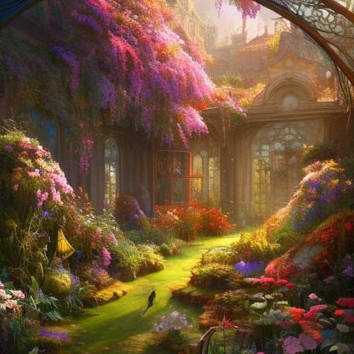 Hyperdetailed Courtyard Garden Waterfall in Fantasy Art Styl...