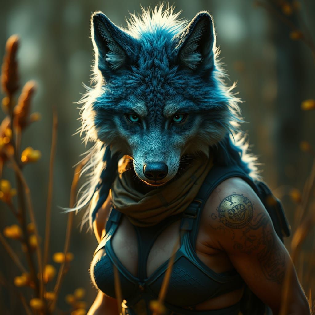 Enchanting Blue Wolf Girl in Hyperrealistic Style