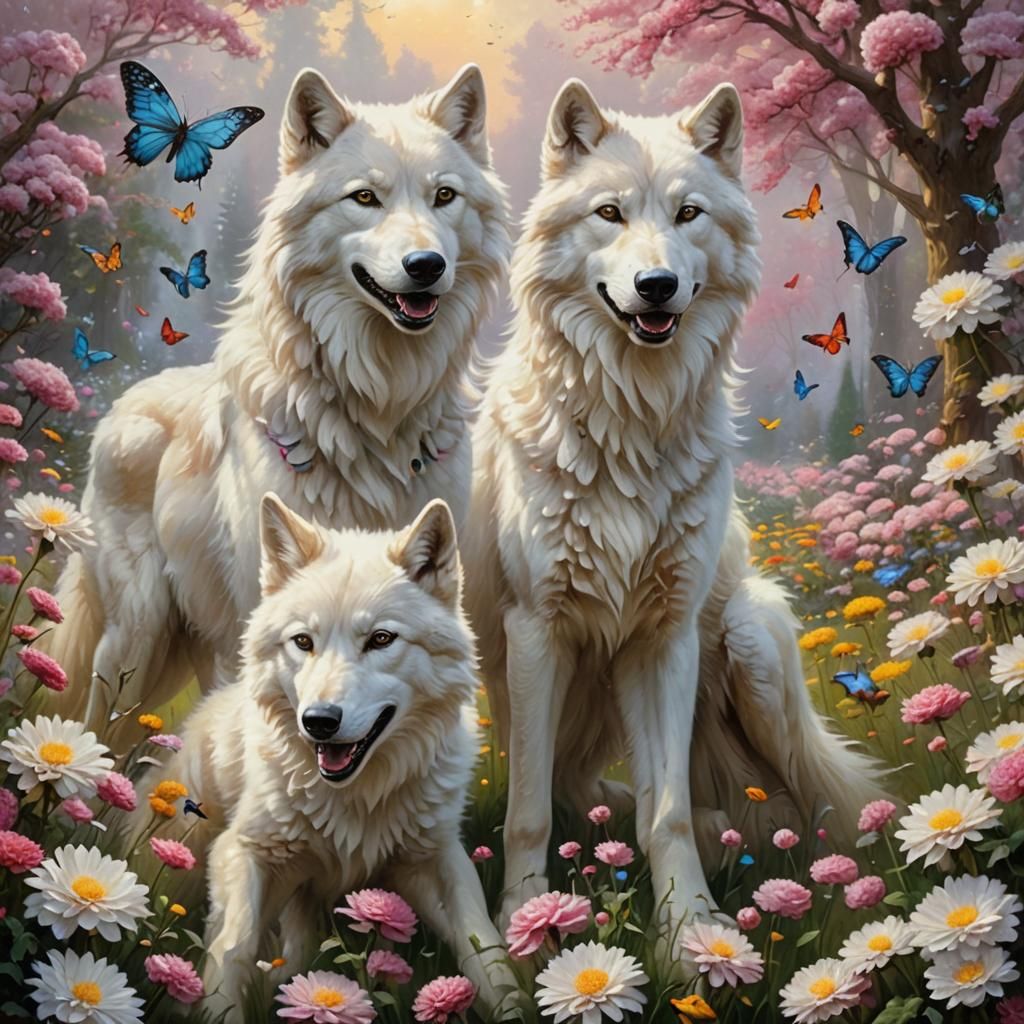 Young Wolves Playing in Floral Meadow
