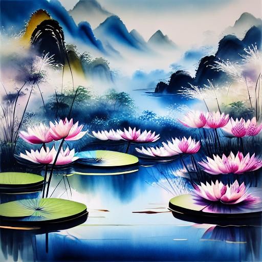 Magical Crystal Water Lily in Chinese Painting Style