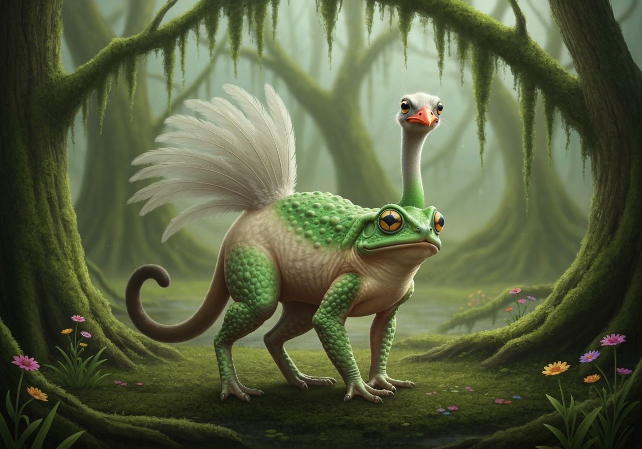 Whimsical Toad-Cat-Ostrich Chimera in Swamp