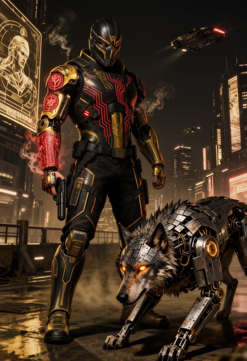 Futuristic Cyborg Soldier With Machine Wolf Pet
