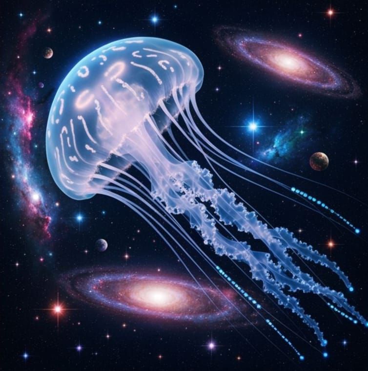 Bioluminescent Jellyfish Drifting Through the Cosmos