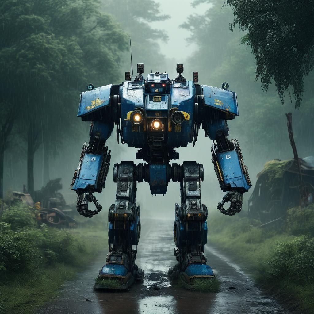 Realistic Mecha Police Robot in Apocalyptic Landscape