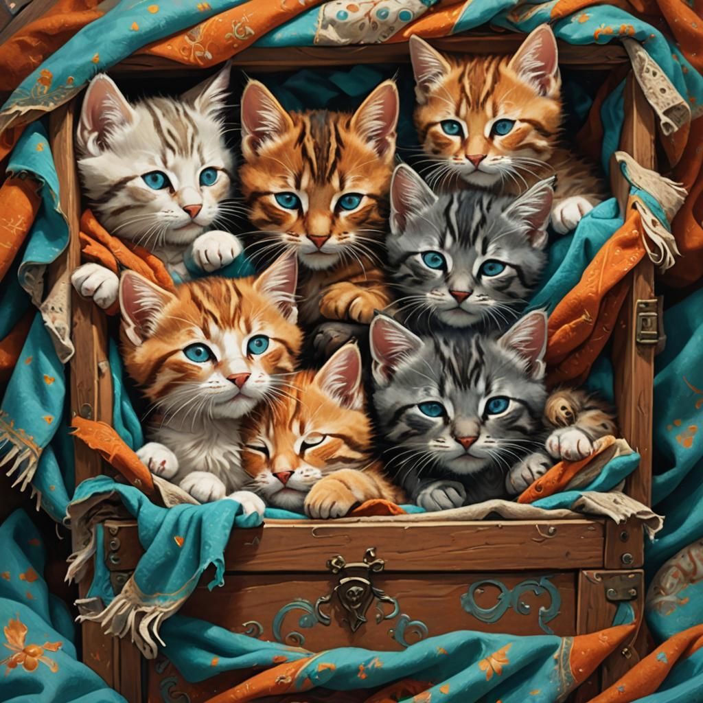 Cute Kittens Sleeping in Box, Fantasy Concept Art