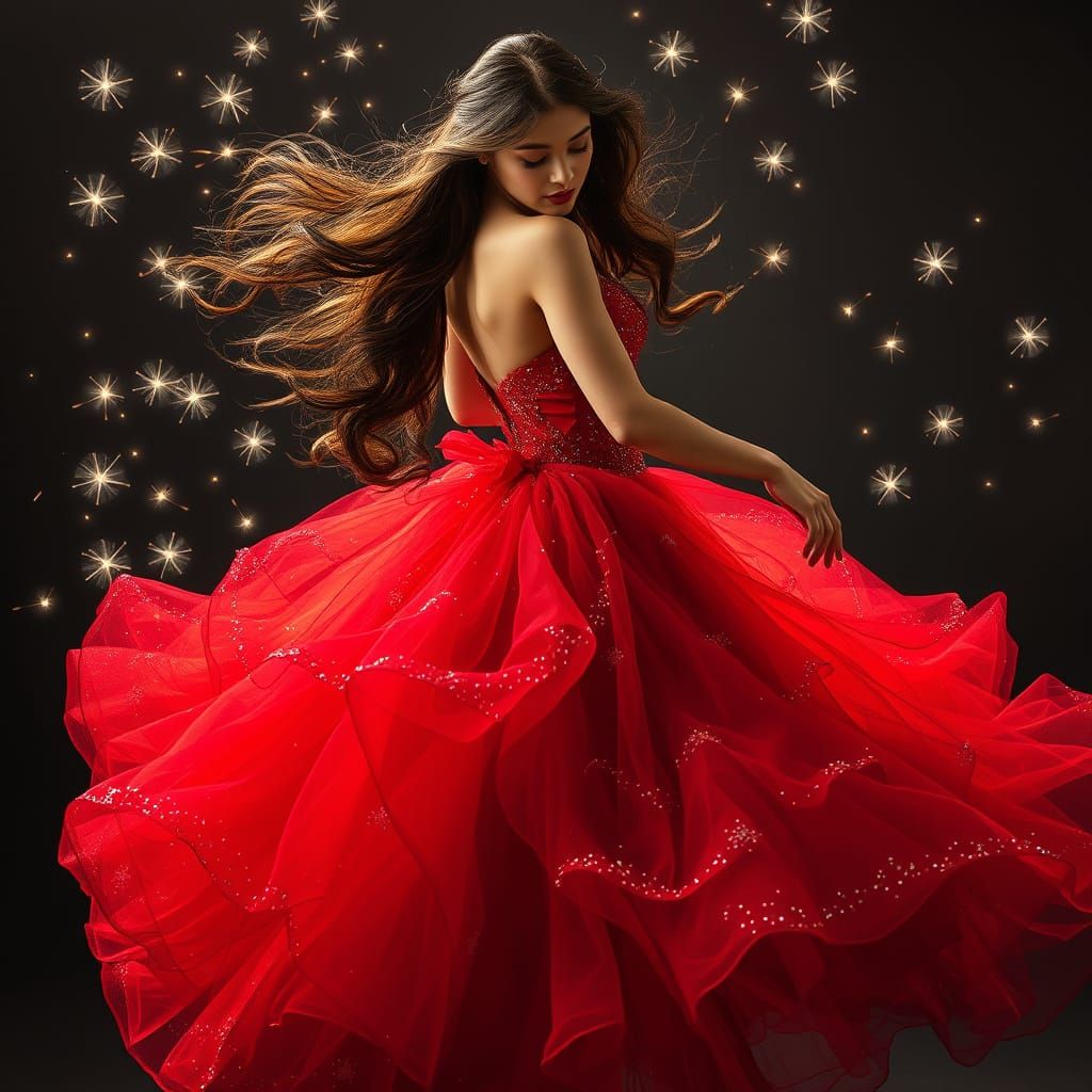 Baroque Fantasy Beauty in Ruby Red Ball Gown with Ethereal S...