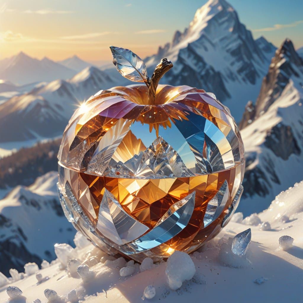 Crystal Apple on Snowy Peak: Fantasy Art