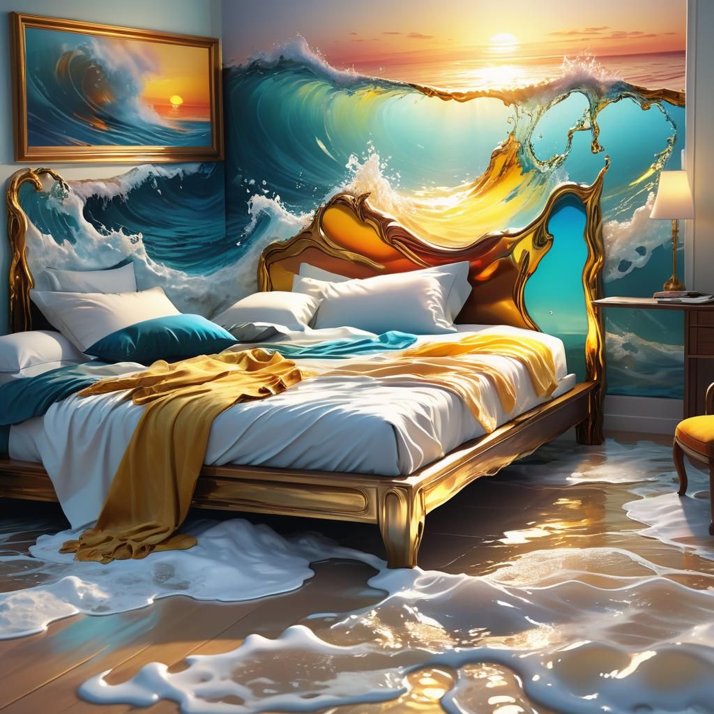 Bedroom Melts into Ocean in Hyperrealistic Splash Art