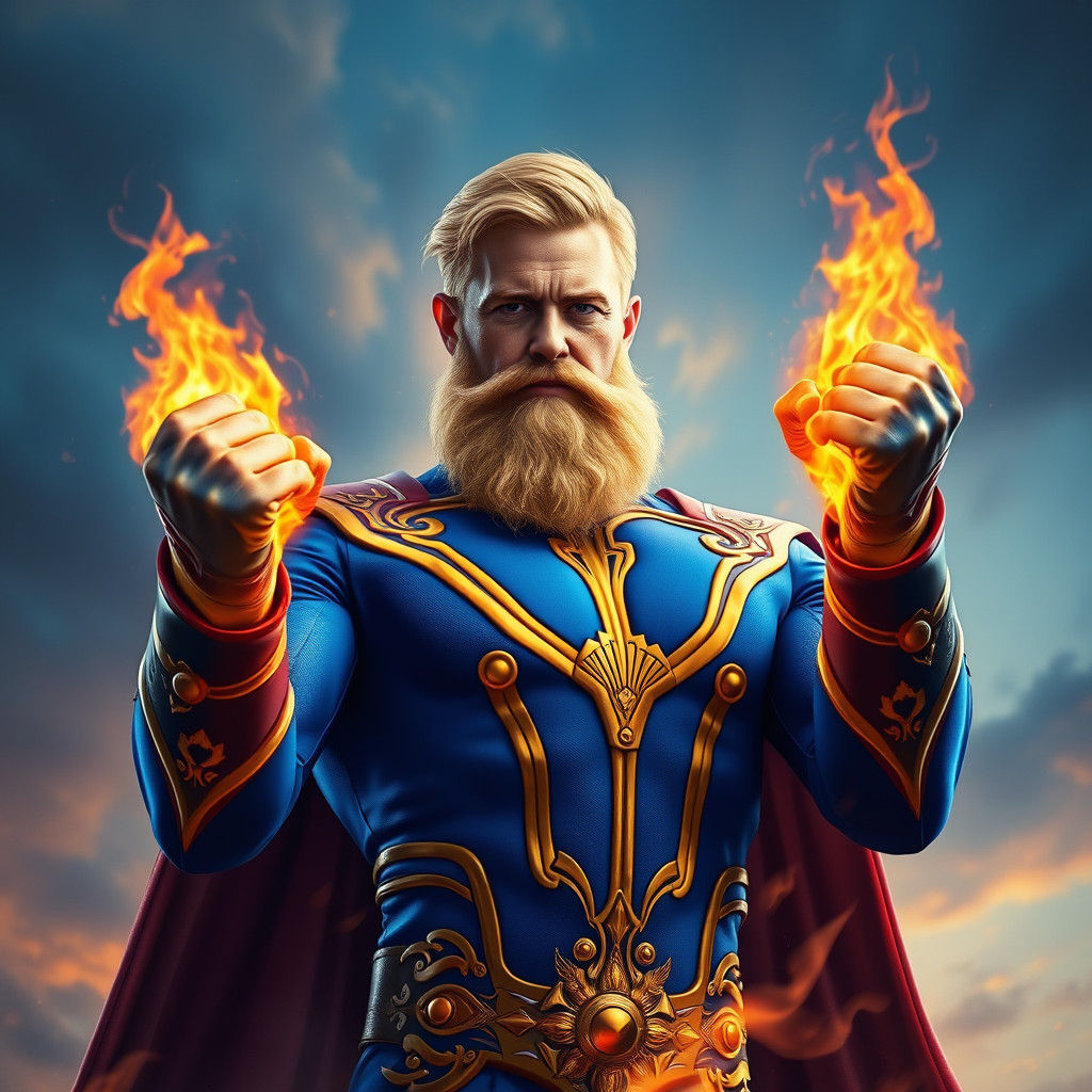 Blond Superhero with Flaming Fists, Matte Painting