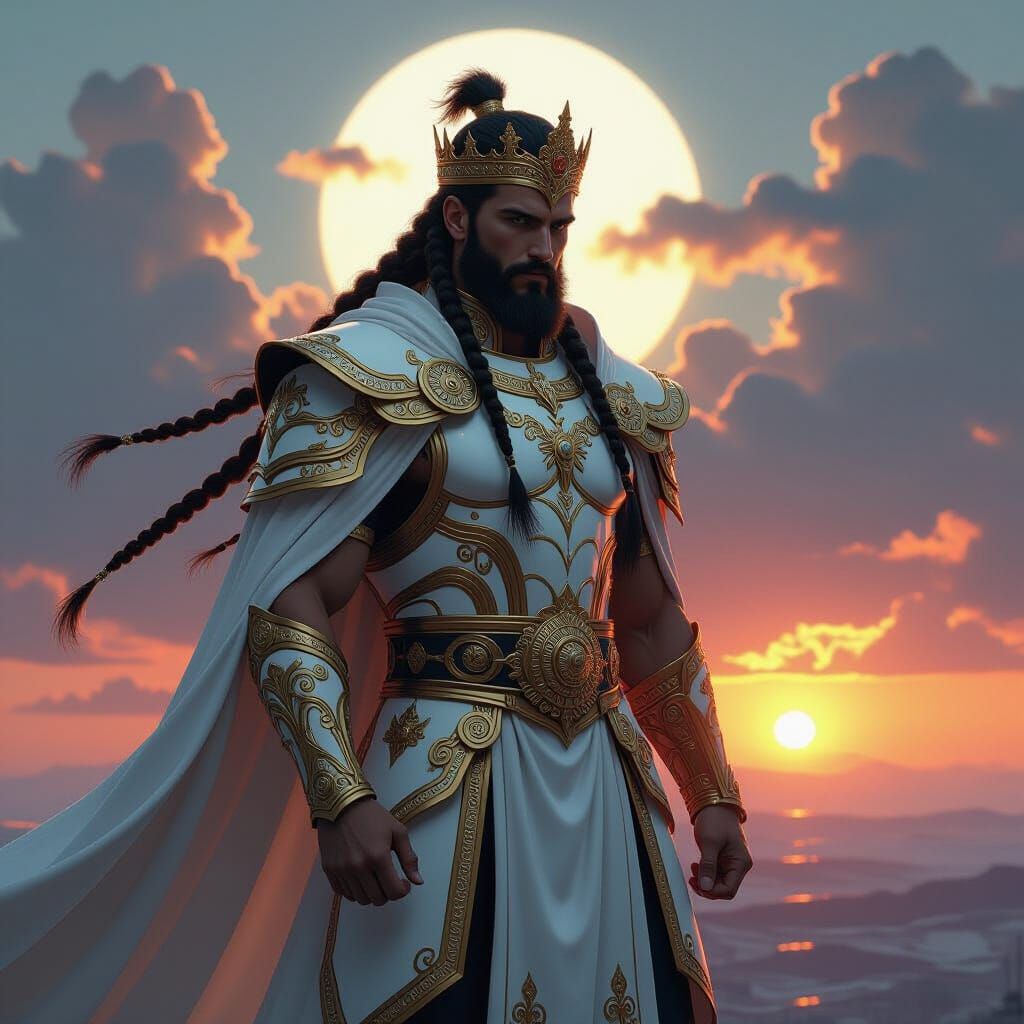 Mythical King on Windswept Plateau in Art Nouveau Style