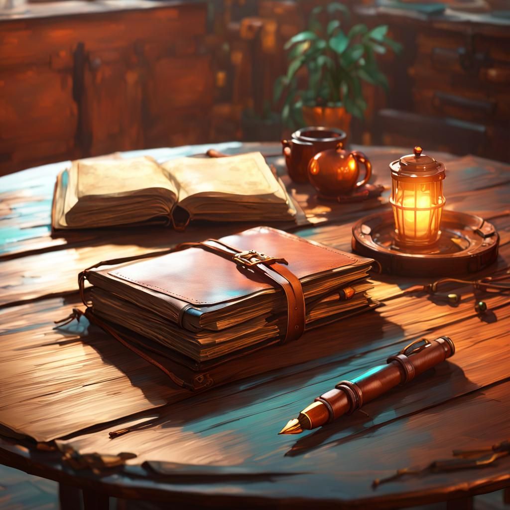 Brown Leather Journal on Table, Splash Art Style