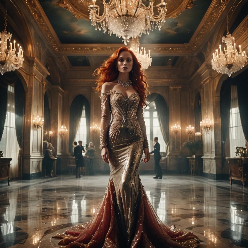 Woman in Crystal Mermaid Dress in Opulent Ballroom