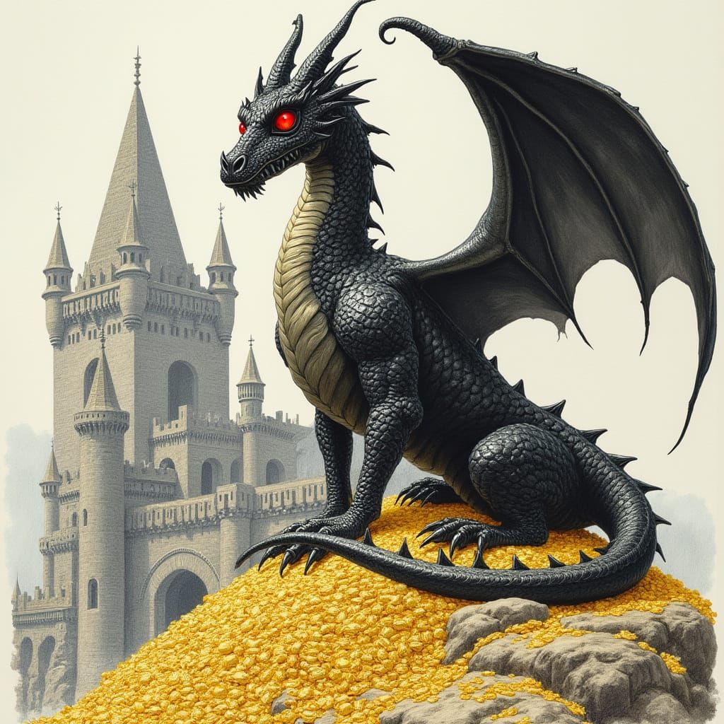 Dragon on Gold Hoard in Pencil Drawing Style