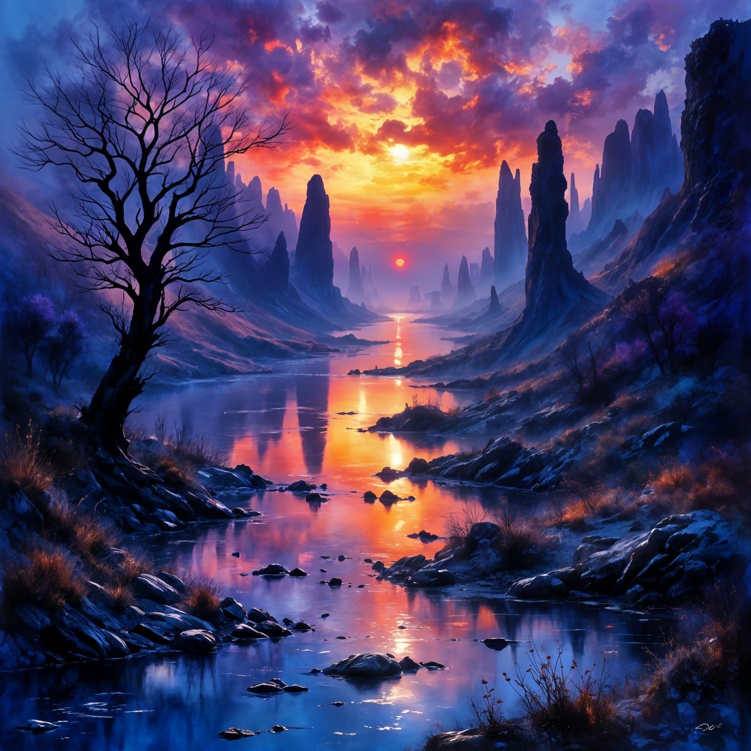 Dramatic Sunrise Over Vast River and Twisted Trees