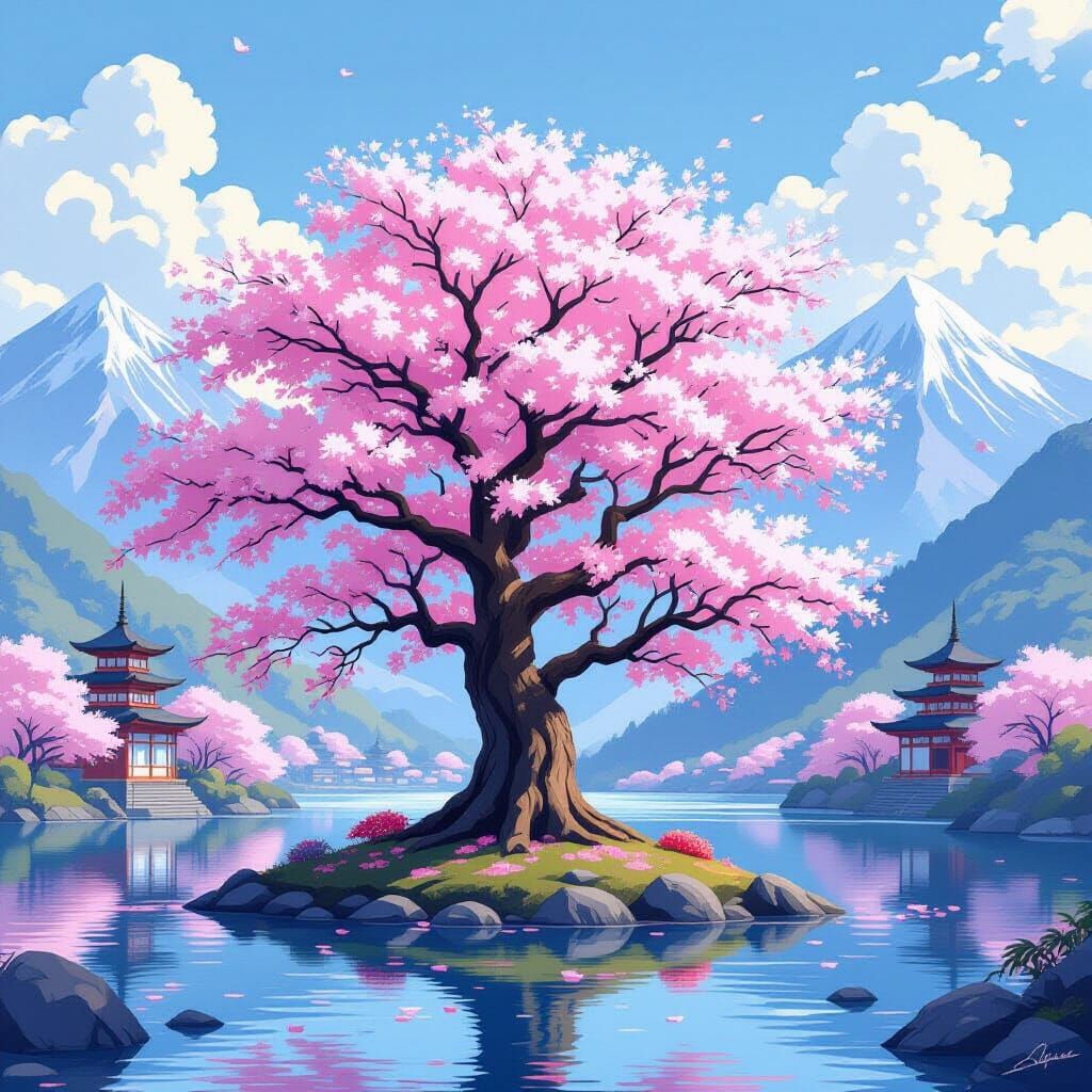 Sakura Tree by Lake with Japanese Temples