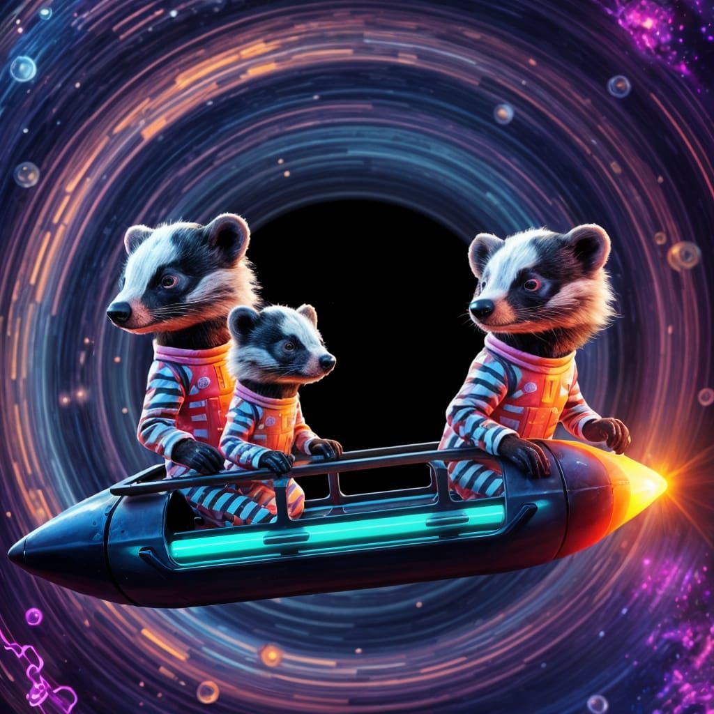 Surreal Badger Family Embarks on Cosmic Odyssey