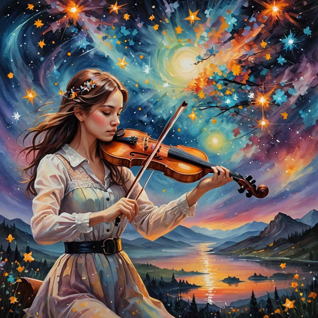 Girl Plays Violin in Starry Landscape Oil Painting