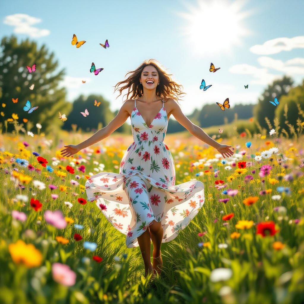 Ecstatic Woman Jumping in Flower Field: Hyper-realistic Styl...