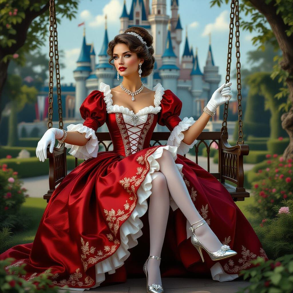 Woman in Red Dress on Swing in 8k Realism