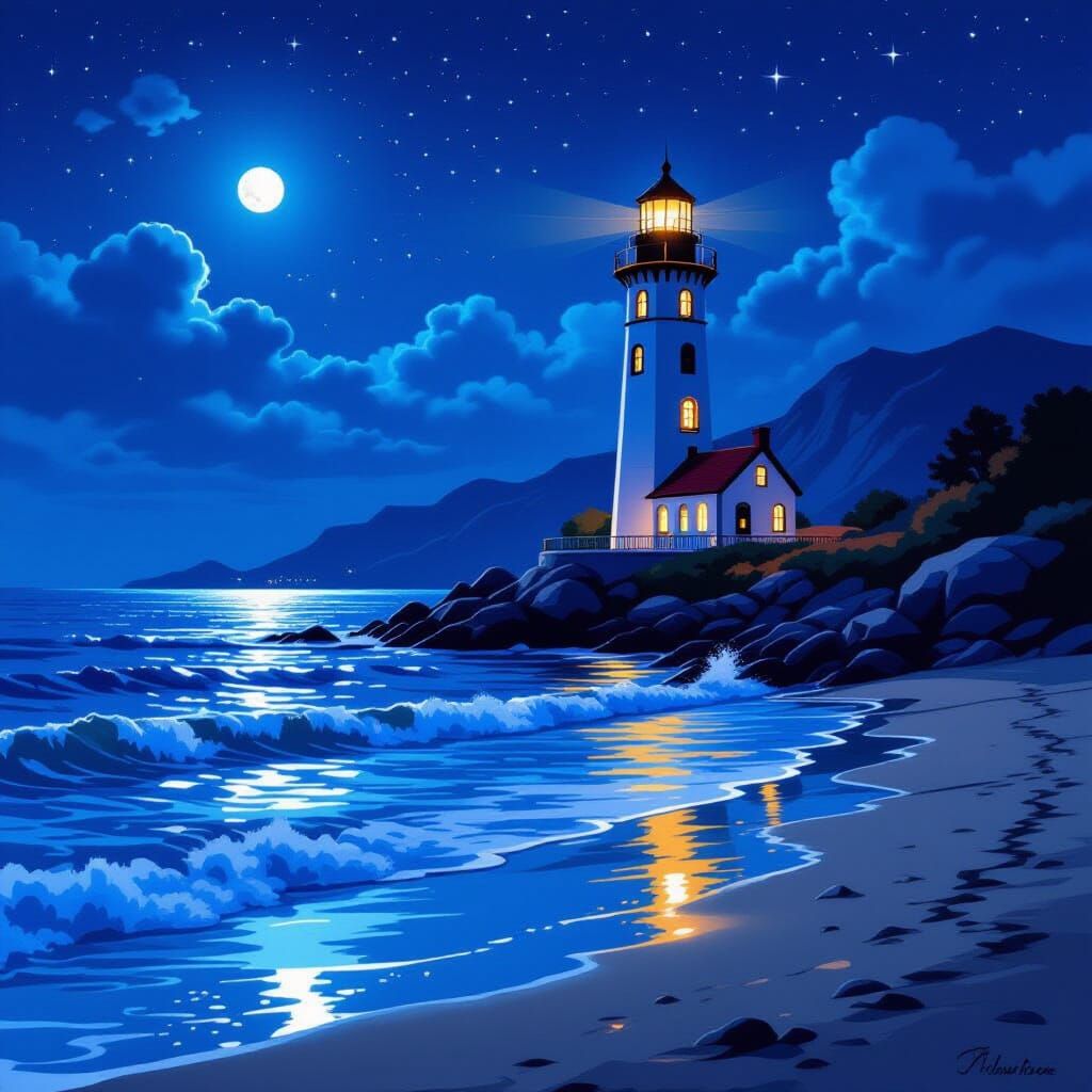 Fantasy Lighthouse Seascape at Night