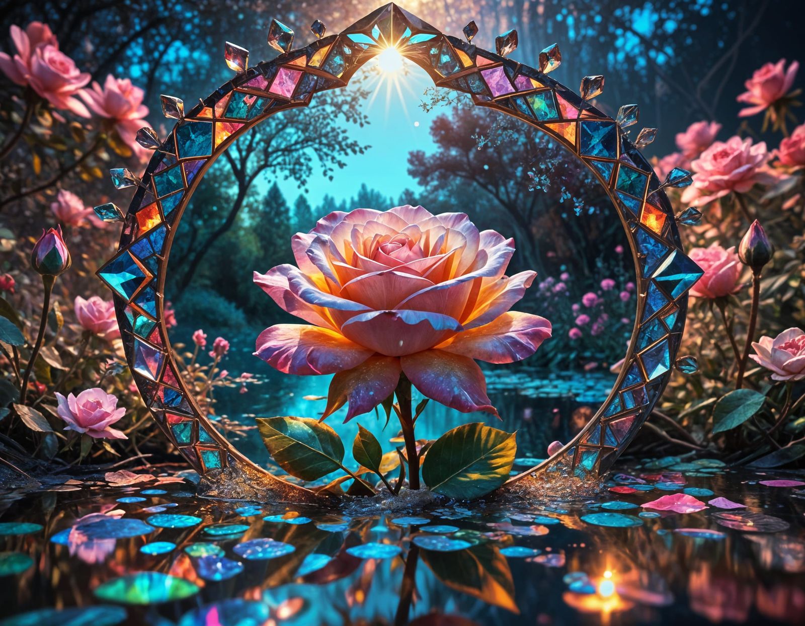 Blooming Rose at Sunset in Mixed Media Style