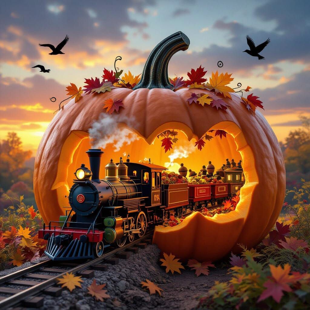 Miniature Train Station Inside Autumn Pumpkin