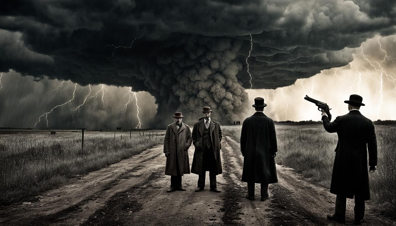 Movie poster/surrealism/1900s photograph/horror;criminal underground;
 "the lex talionis of feud violence and blood mone...