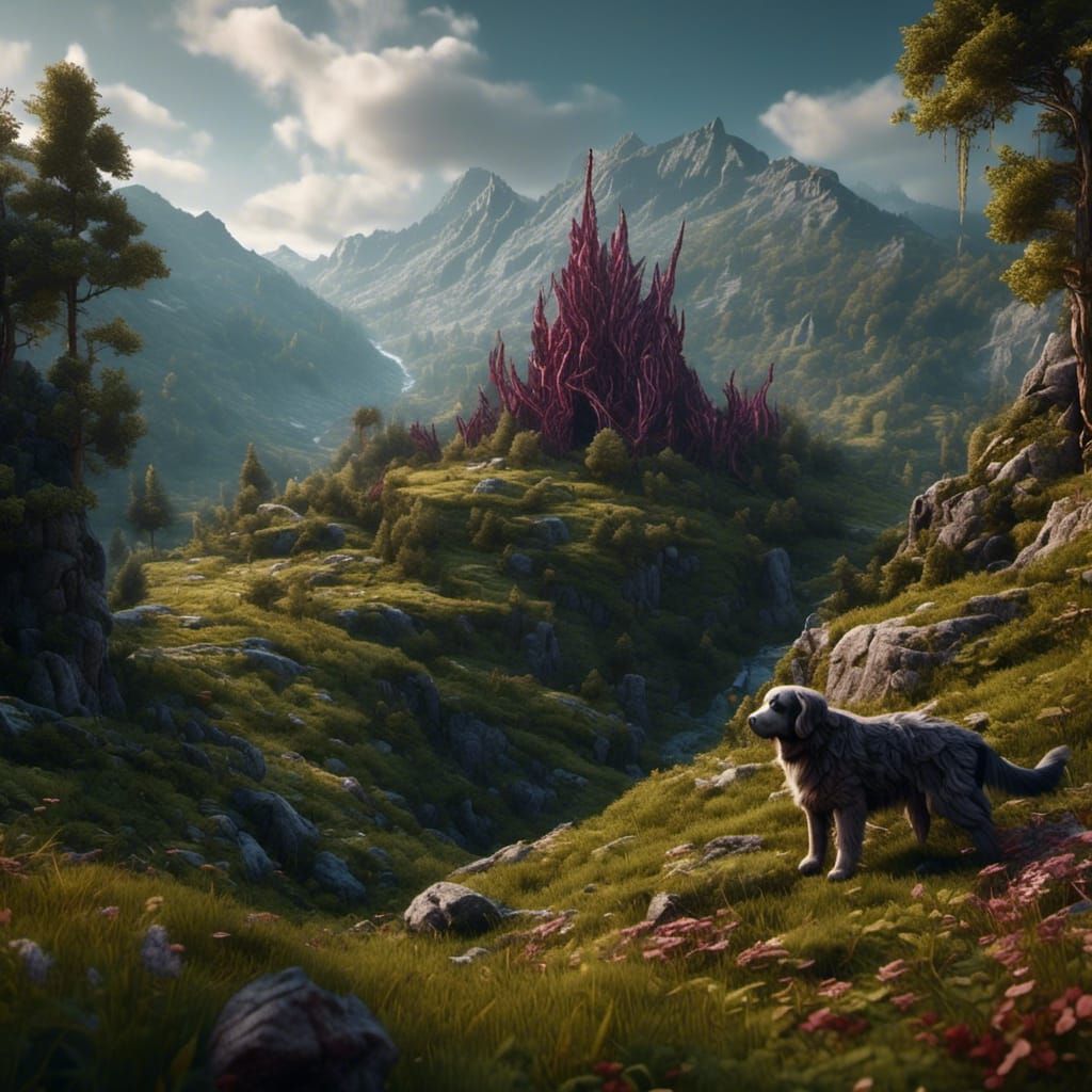 <lora:Project 1:1.0> Puppy in a valley surrounded by beautif...