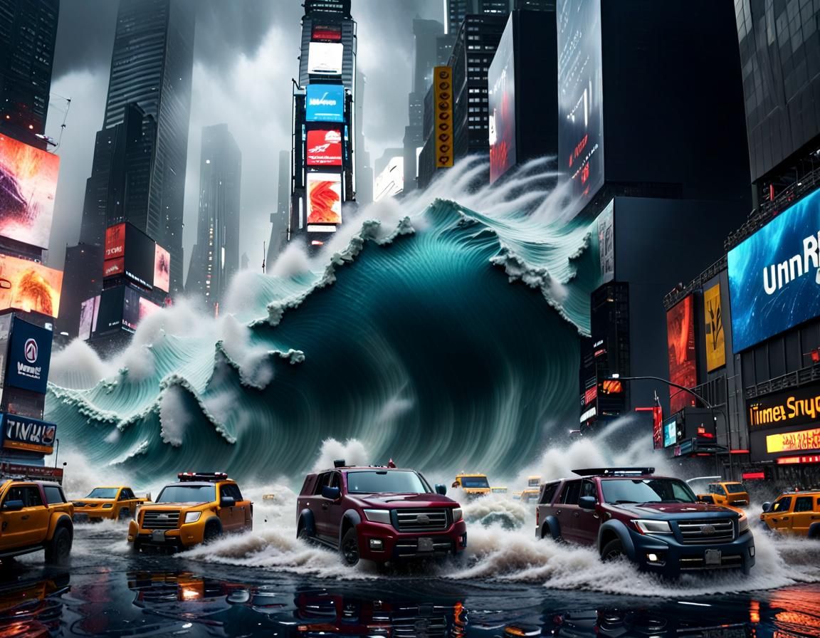 Gigantic Tsunami Sweeps Times Square: Detailed Matte Paintin...