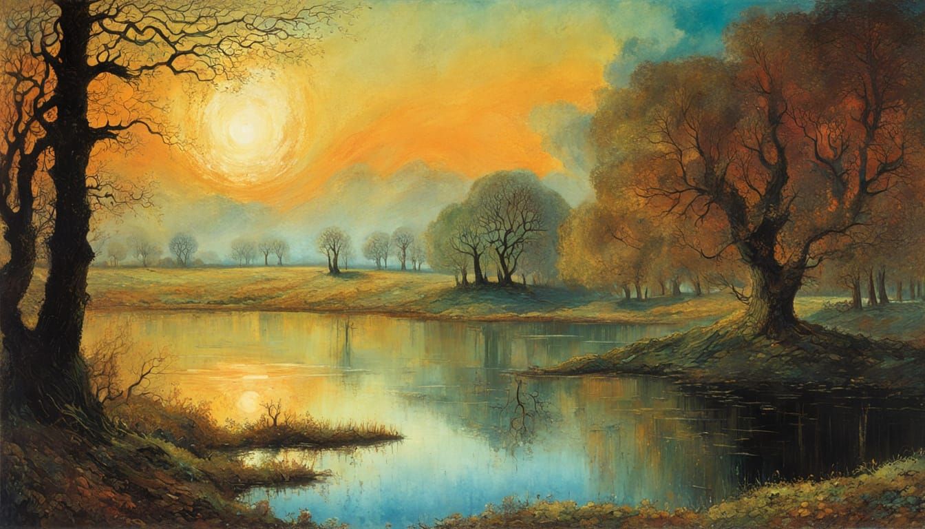 Dusk Landscape with Majestic Oak Trees and Serene Lake in a ...