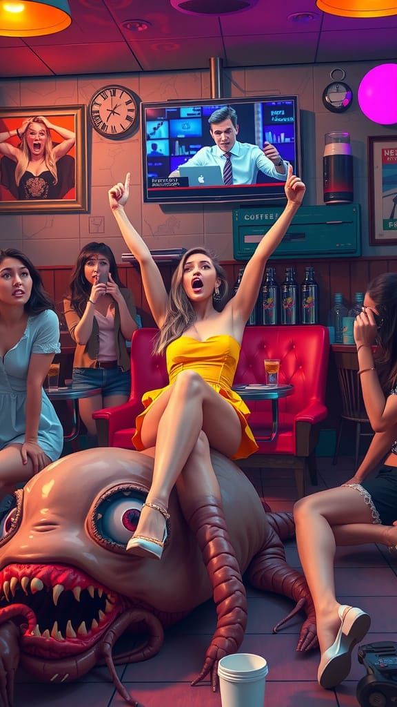 Shocked Woman in Chaotic Coffee House Scene