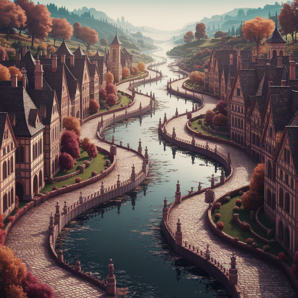 Renaissance Village with River: Fantasy Concept Art
