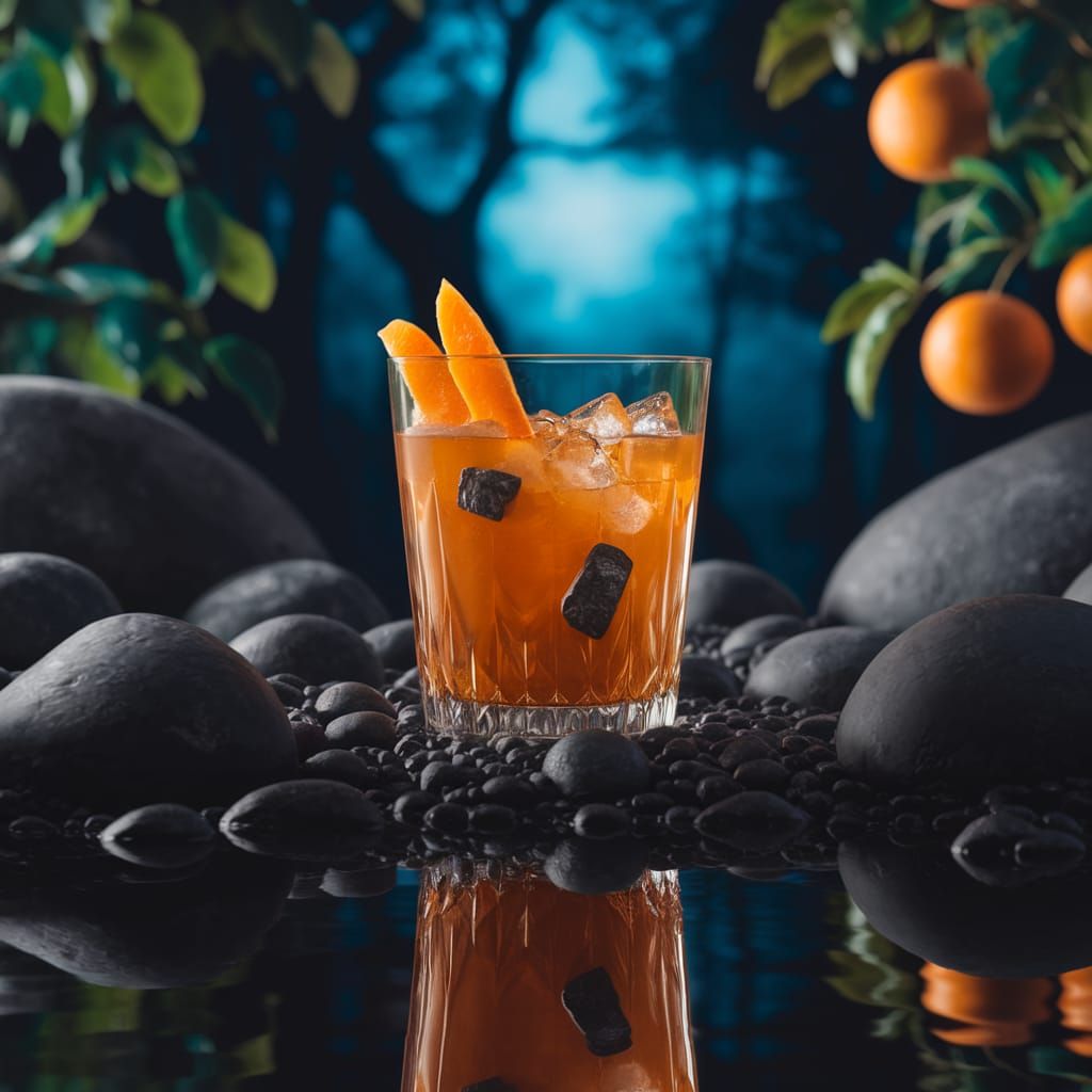 Vibrant Orange Drink on Dark Rocks in a Mystical Forest