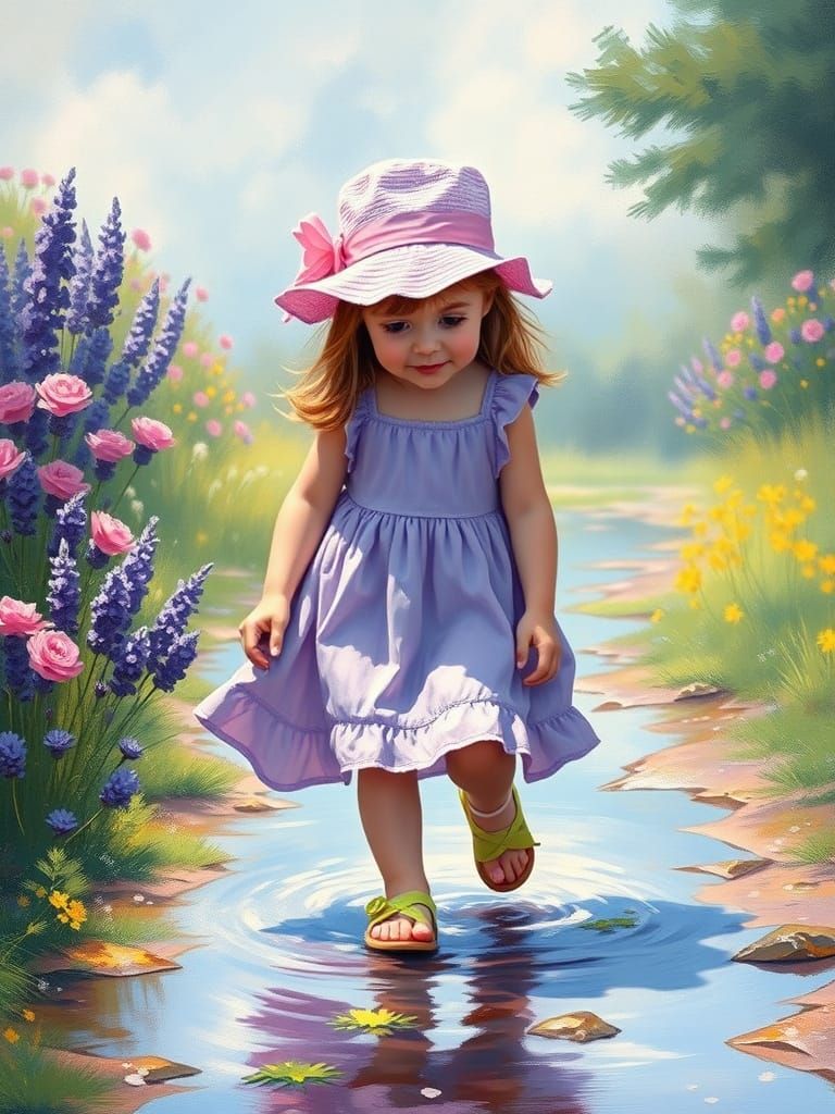 Girl in Summer Dress Playing in Puddles, Impressionistic Sty...