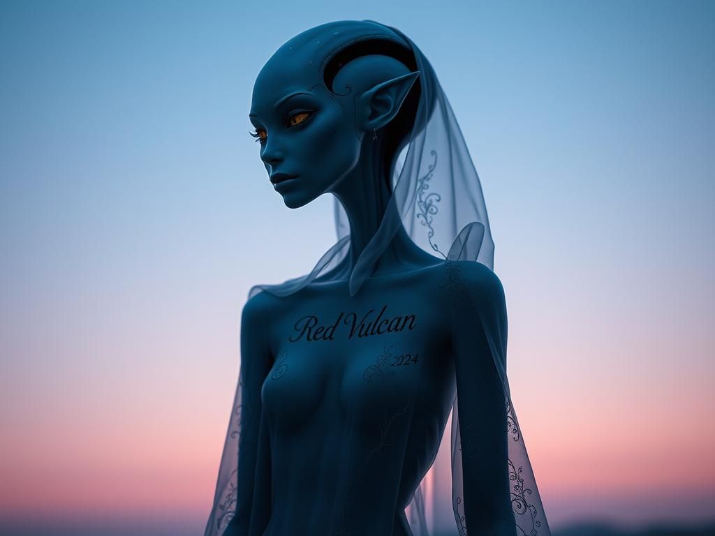 An otherworldly, slender alien female with iridescent skin.