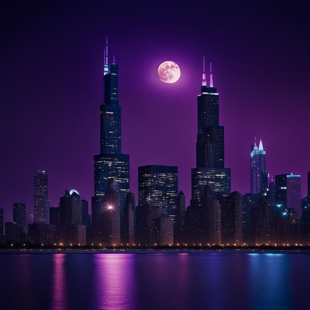 Chicago Moonrise: Cinematic Nightscape in Digital Art