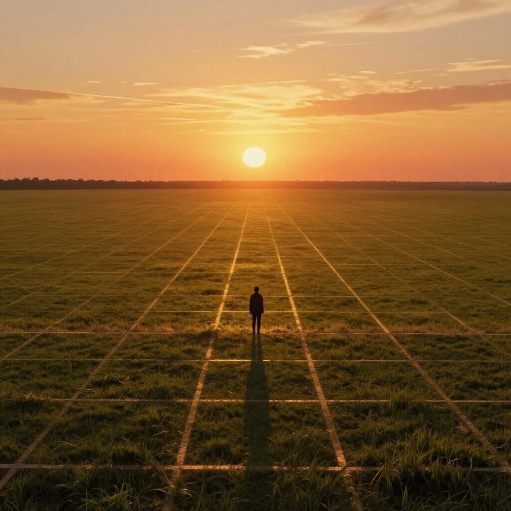 Golden Hour Grid Field With Lone Figure