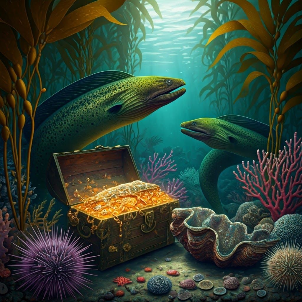 Ethereal Kelp Forest Scene with Giant Moray Eels and Treasur...