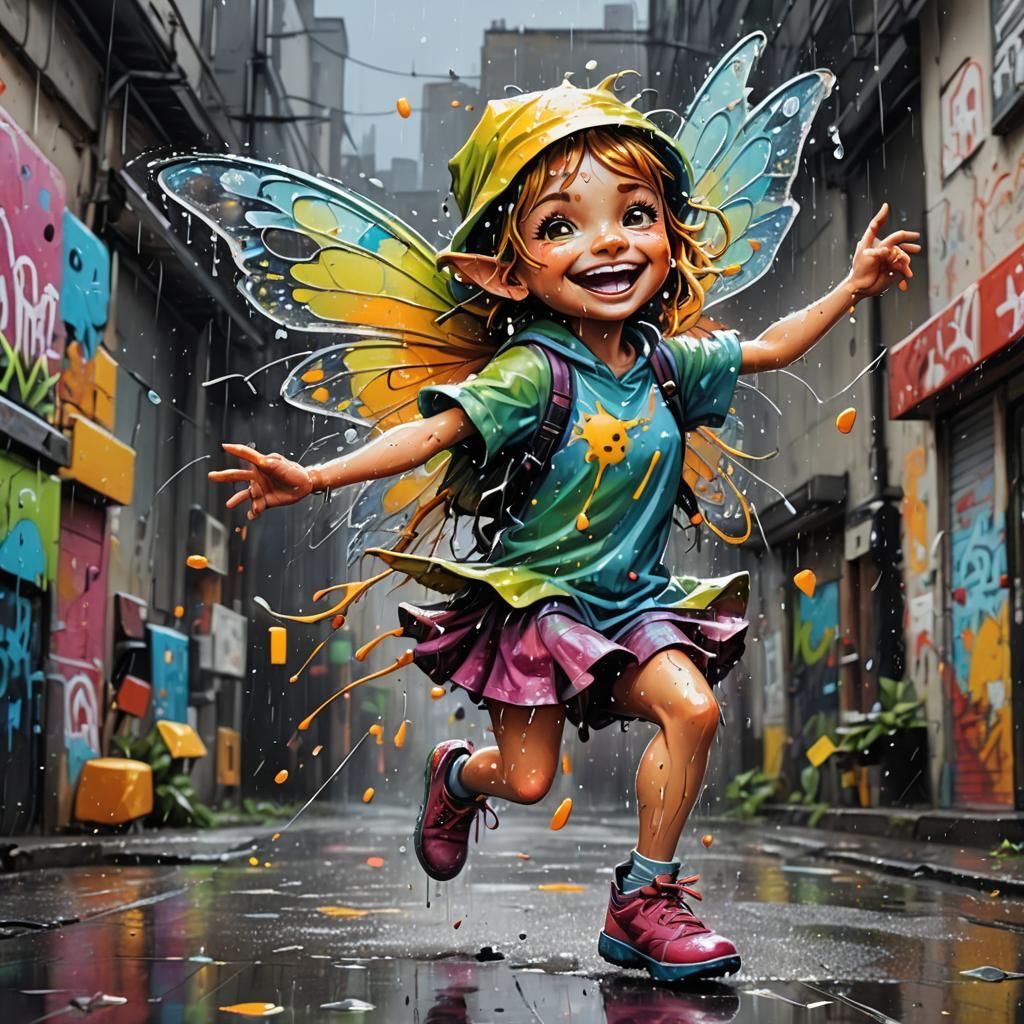Joyful Fairy Dancing in the Rain, Graffiti Art