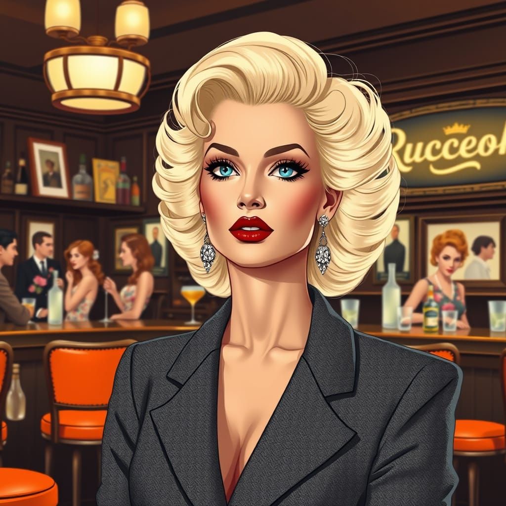 Glamorous Woman in Vintage Bar, Mid-Century Style