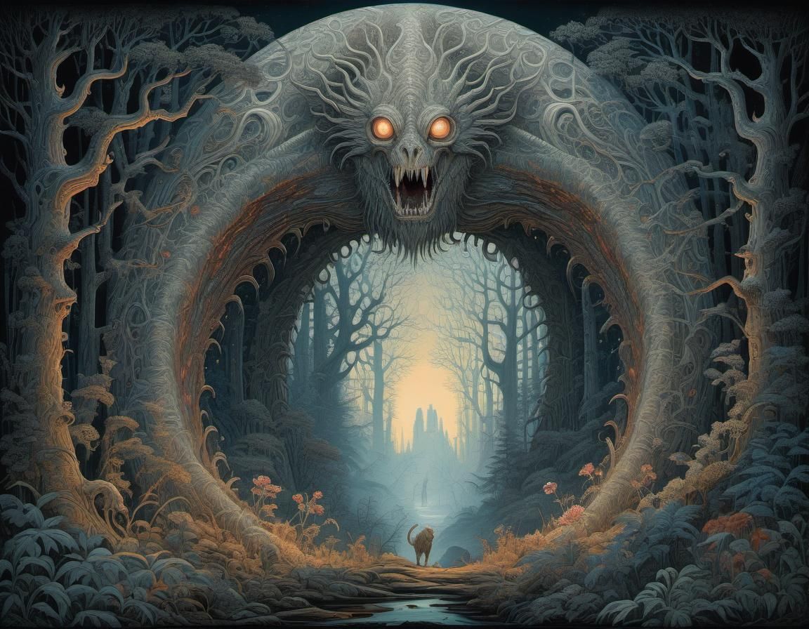 Infernal Monster in Surreal Night Forest Illustration