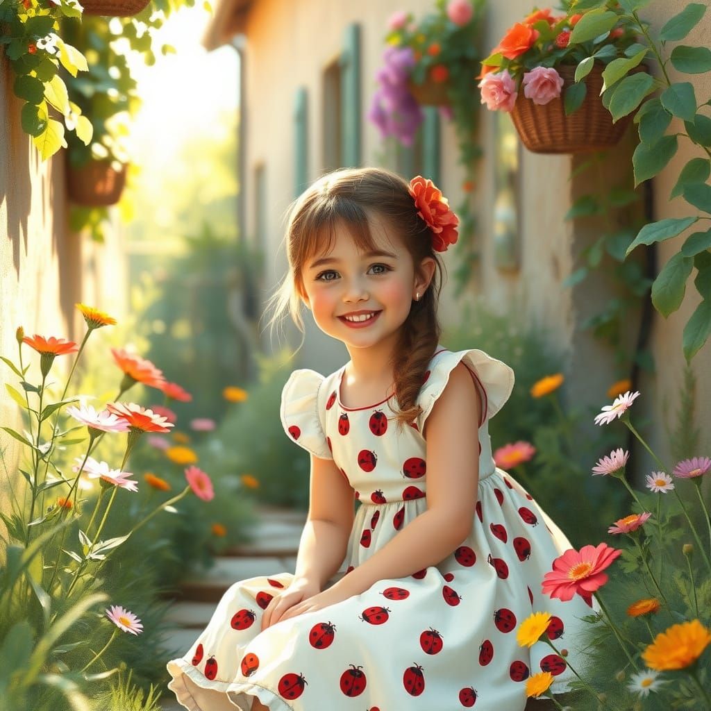 Young Girl in Garden Alleyway, Surrounded by Vibrant Flowers