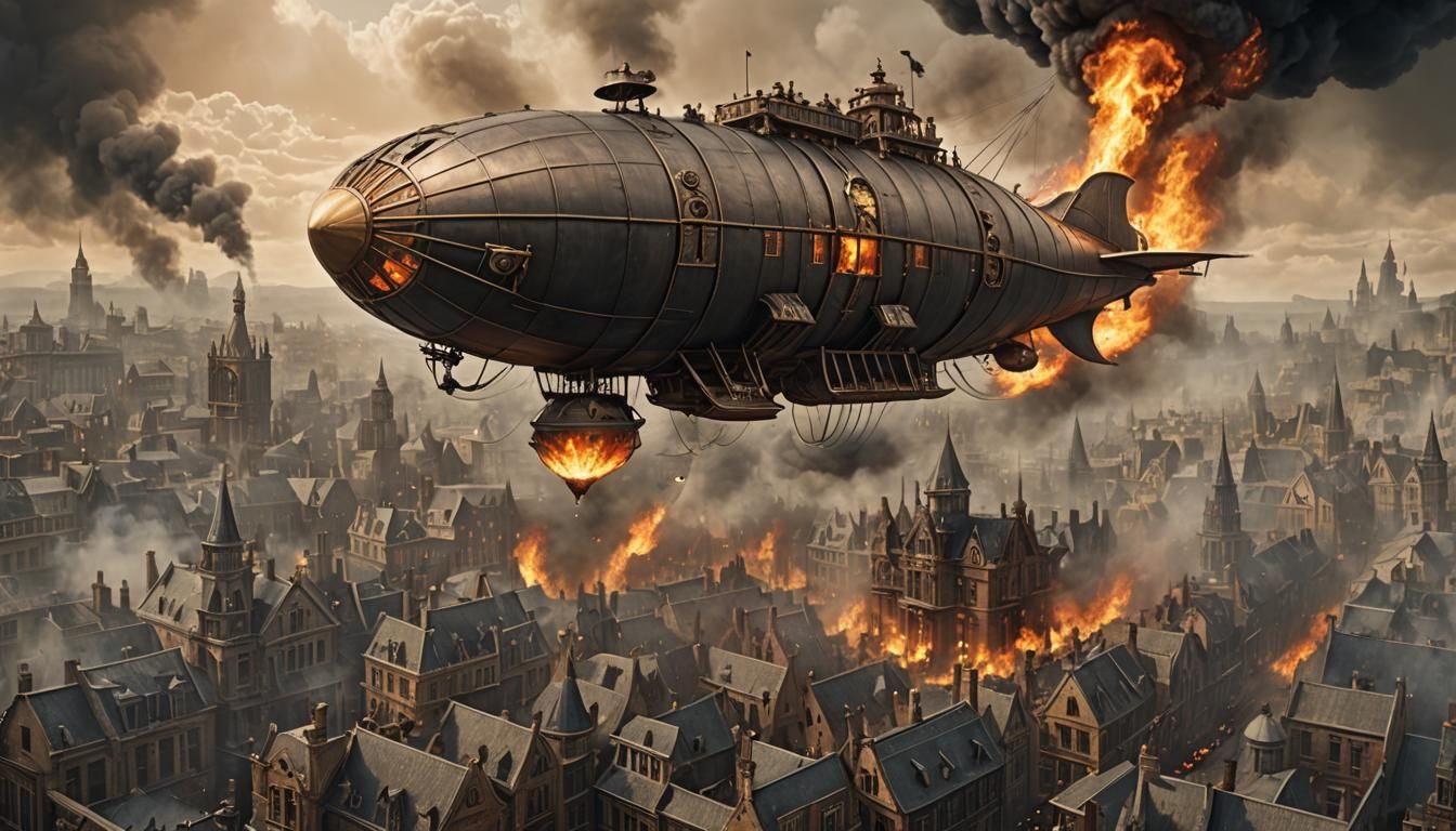 Gothic Steampunk Airship Over Burning City
