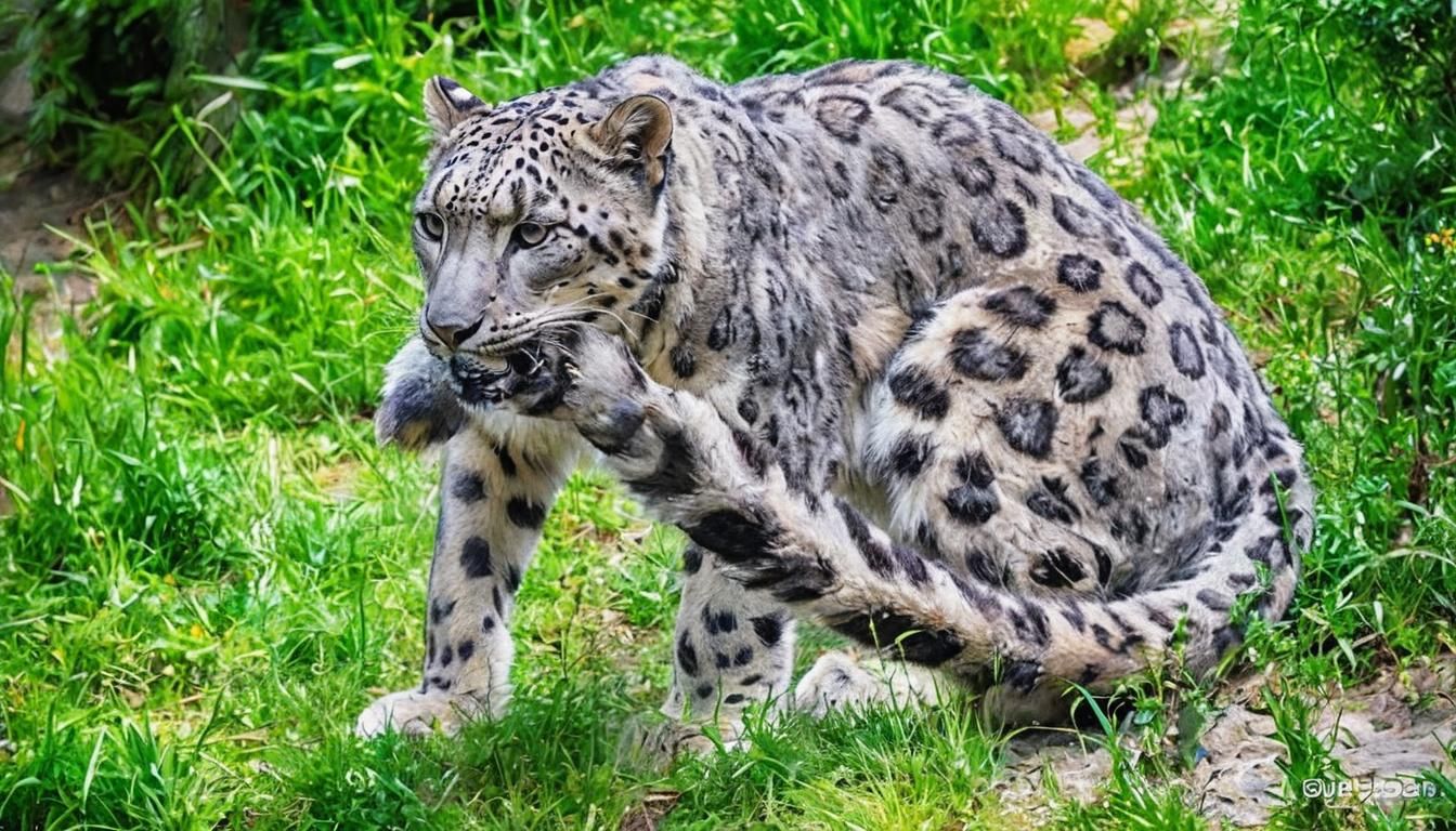 Snow Leopard Bites Tail in Expressionist Oil Painting