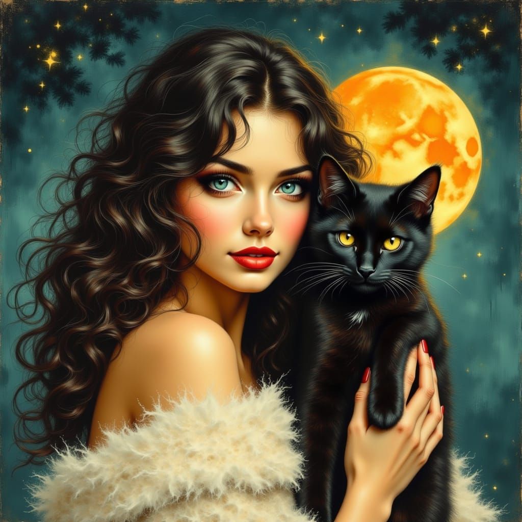 Vintage Pin-Up: Woman with Cat in Painterly Style